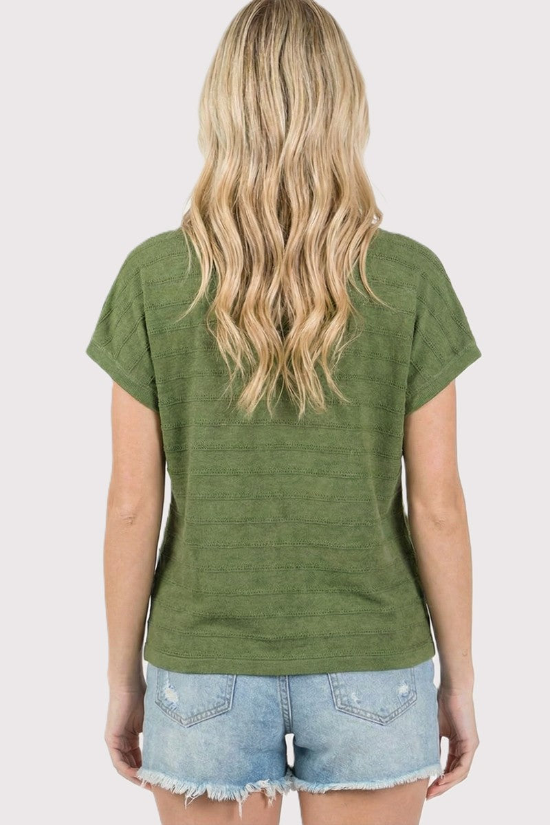 Split Half Button Neck Pointelle Striped Sweater