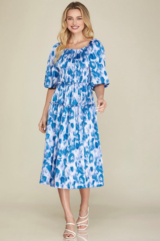 Watercolor Floral Smocked Waist Puff Sleeve Dress - Blue