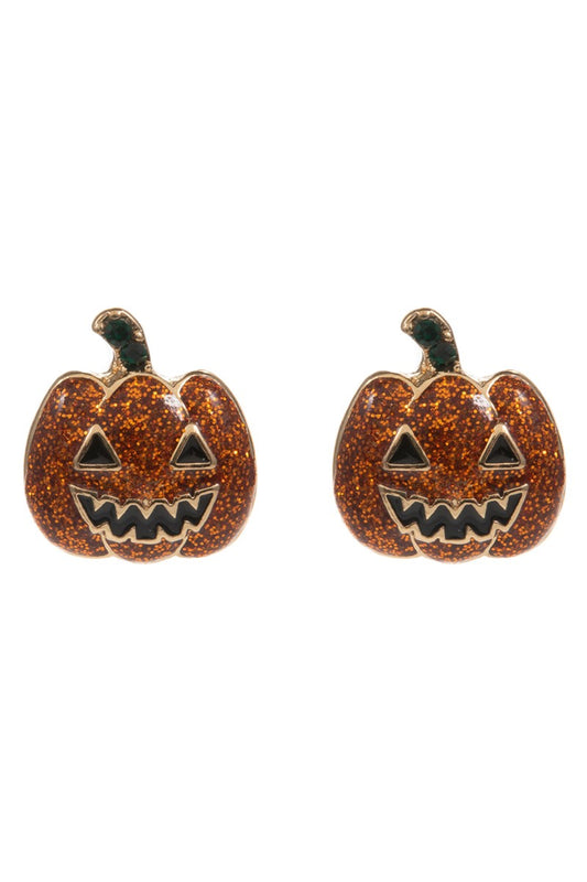 Glitter Jack-o-Lantern Stud Earring-Orange