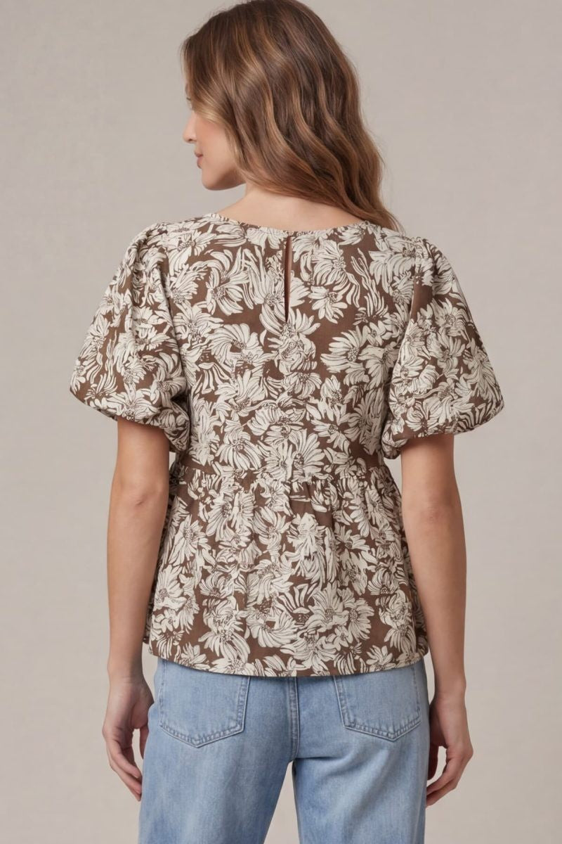 Floral Puff Sleeve Peplum Top