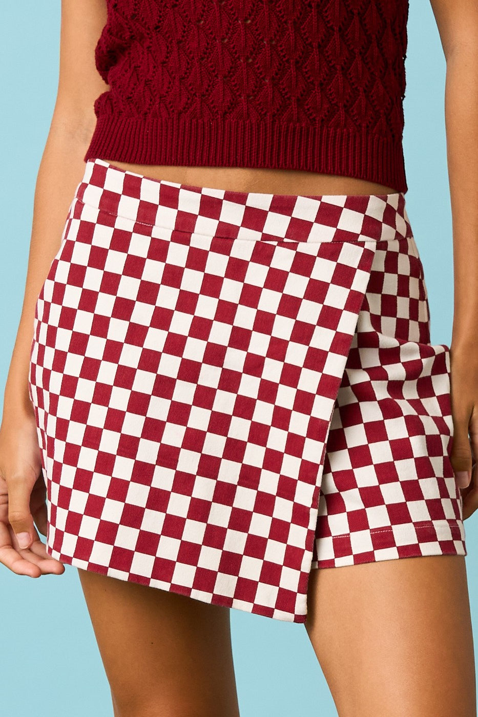 Checkered Overlay Wrap Front Skort