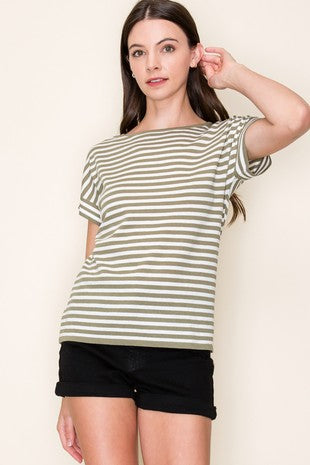 Crewneck Striped Short Sleeve Sweater-Olive
