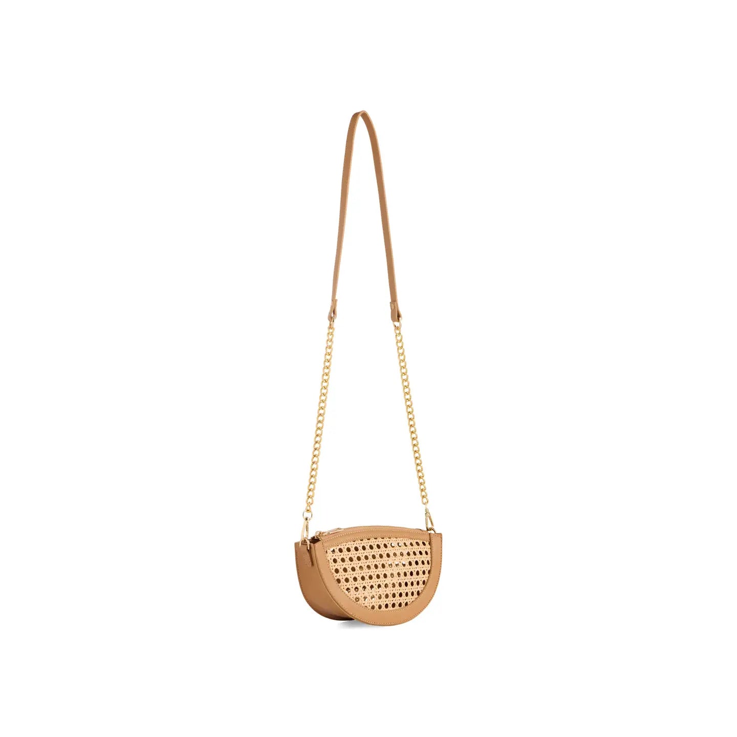 Perforated Rattan 1/2 Moon Handbag-Tan