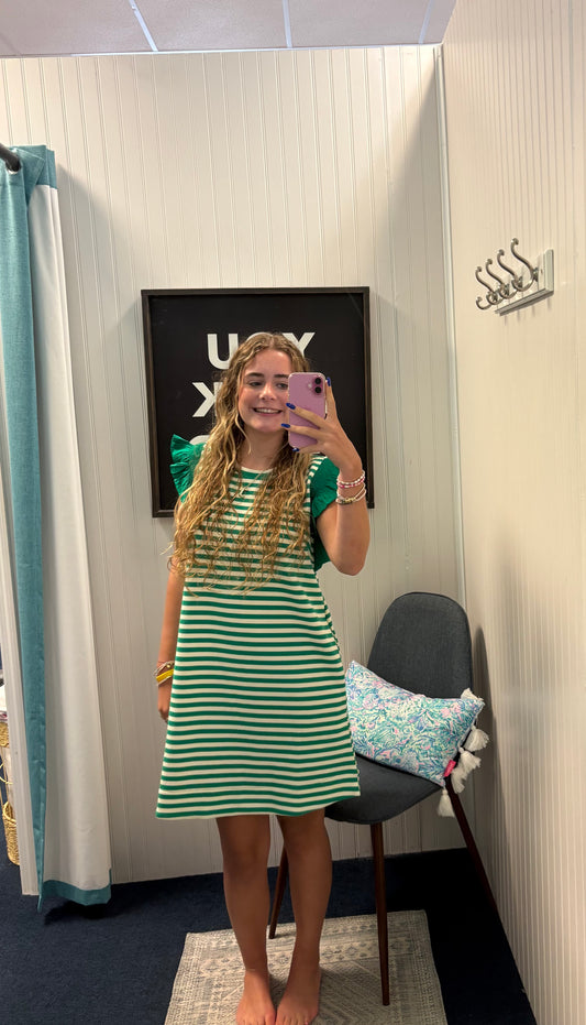 Striped Dress w/Contrast Ruffle Solid Sleeve