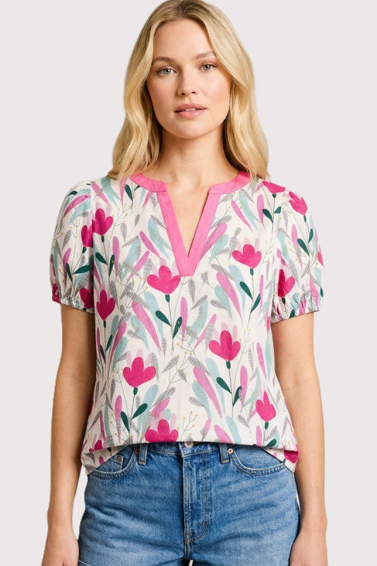 Split Contrast Neck Tulip Poplin Top-Pink