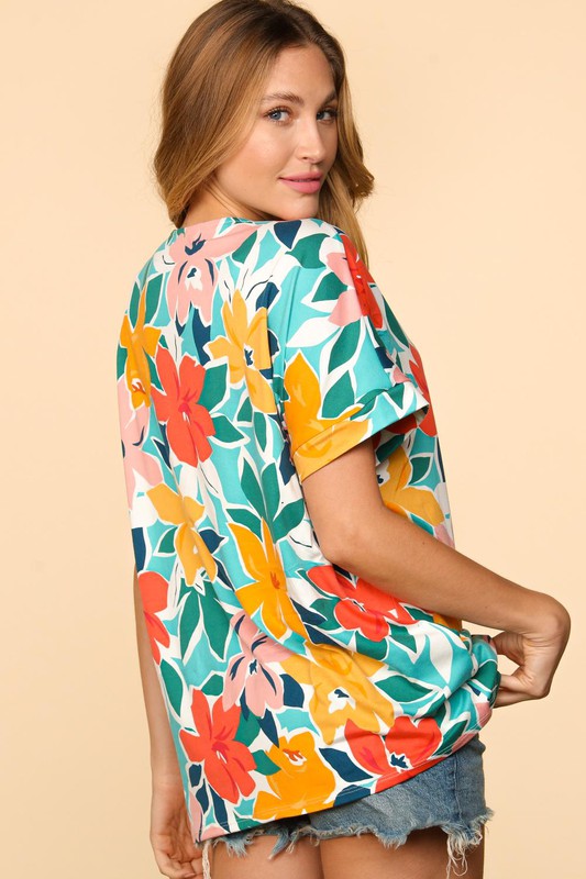 Floral V-Neck Drop Shoulder Banded Sleeve Top