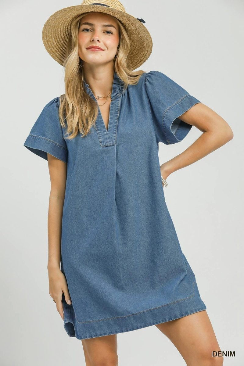 Chambray Denim V-Neck Flutter Sleeve Dress-Denim