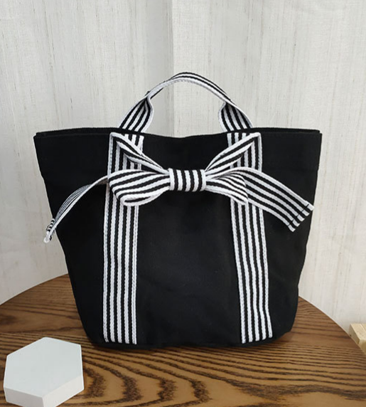Striped Canvas Tote Bag Bow Handle Bag with Personalization