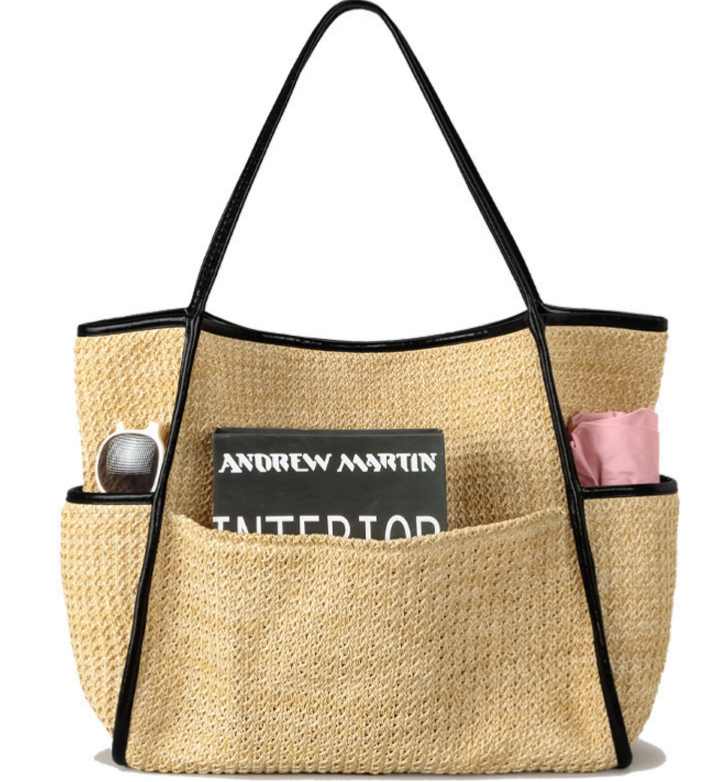 Large Straw Tote Bag Snap Woven Beach Shoulder Bag