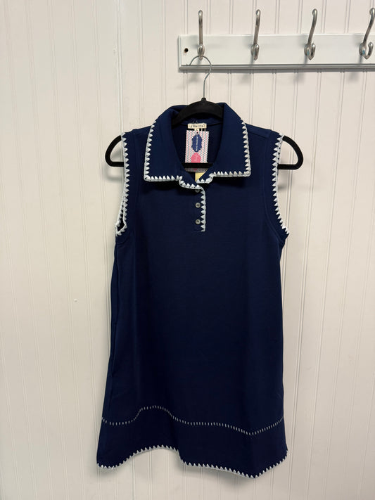 Solid Sleeveless Collared Whip Stitch Trim Dress-Navy