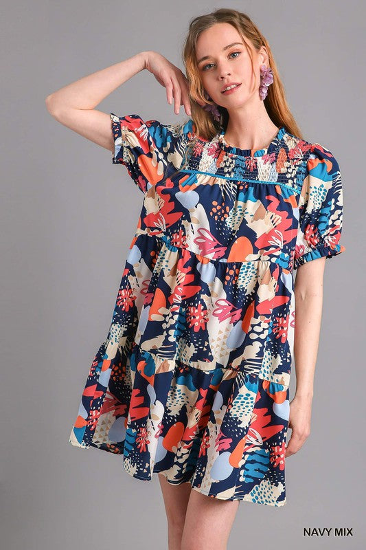 Abstract Print Smocked Tiered Puff Sleeve Dress-Navy