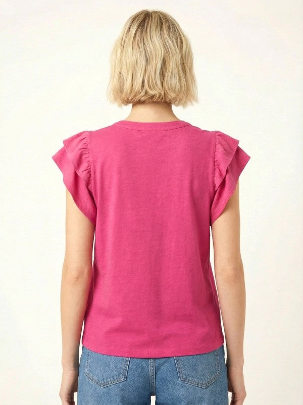 Floral Solid Contrast Trim Ruffle Sleeve Top