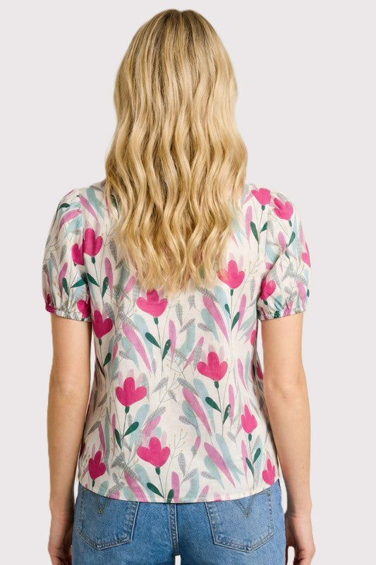 Split Contrast Neck Tulip Poplin Top-Pink