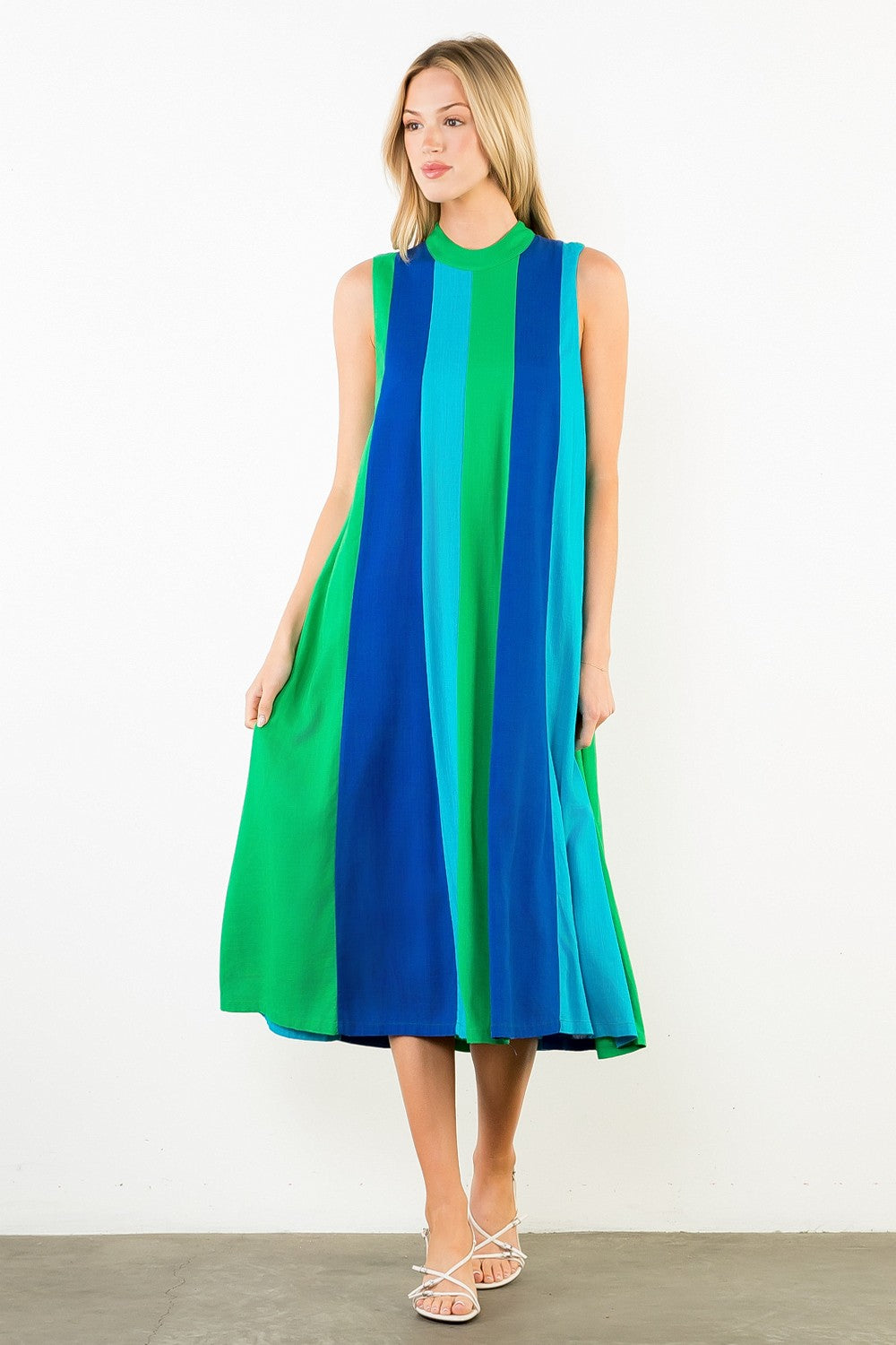 Vertical Color Block Tie Back Neck Sleeveless Midi Dress-Green