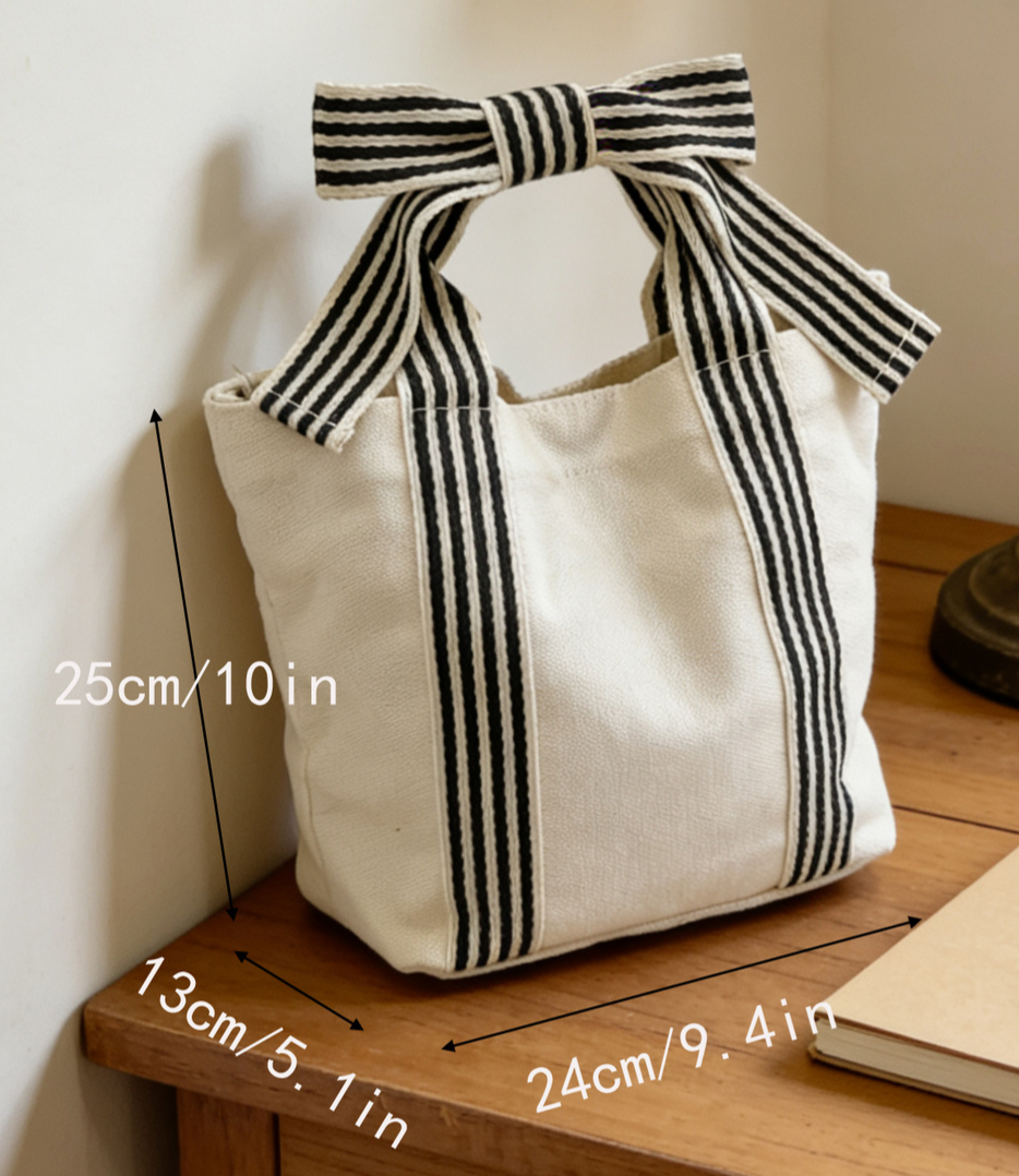 Striped Canvas Tote Bag Bow Handle Bag with Personalization