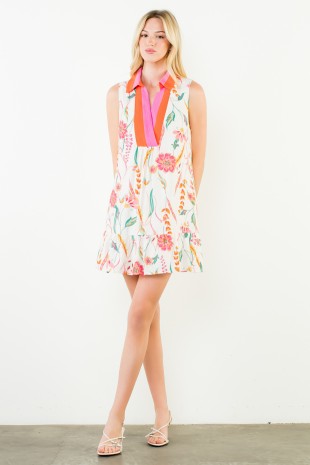Sleeveless Floral Ruffle Hem Contrast Yoke Dress-Cream