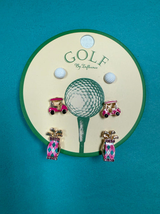 Golf Theme Set of 3 Stud Earrings-Pink
