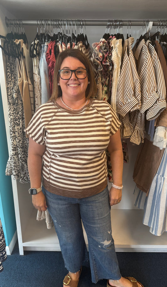 Striped Exposed Stitch Thermal Short Sleeve Top-Mocha