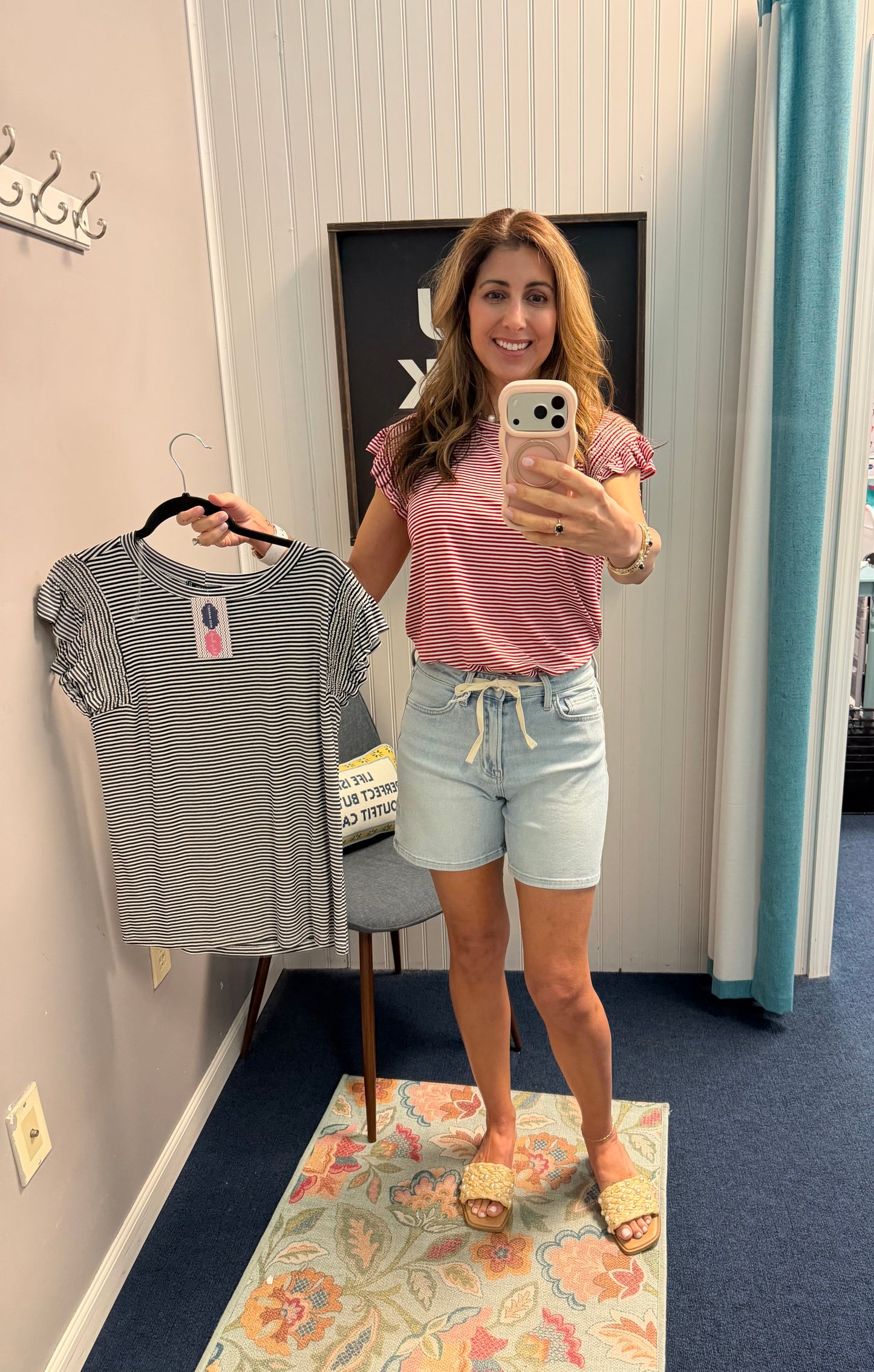 High Rise Drawstring Midi Denim Short-Light