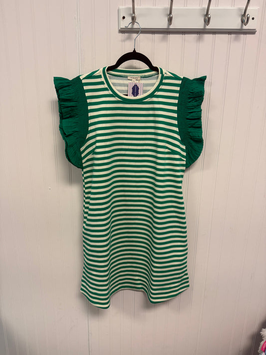 Striped Dress w/Contrast Ruffle Solid Sleeve