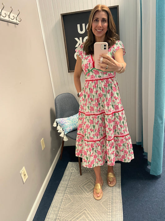Floral Contrast Trim Tiered Cap Sleeve Dress-Pink