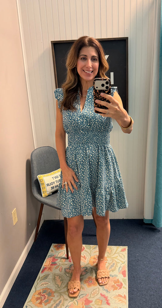 Ditsy Floral V-Neck Cap Ruffle Sleeve Smocked Waist Dress-Teal