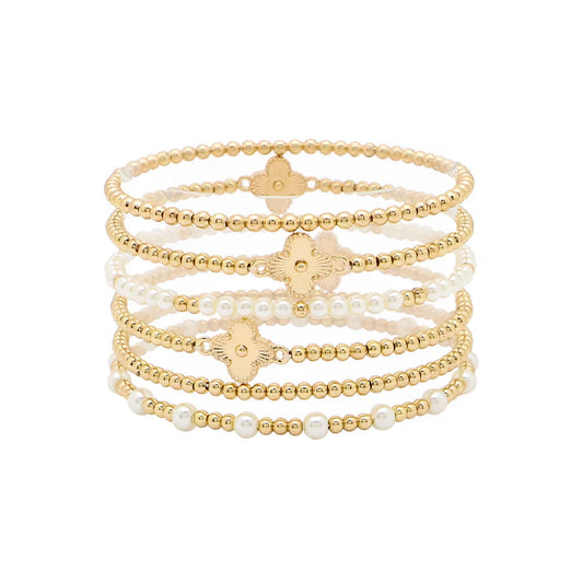 Pearl & Gold Ball Bead Clover Bracelet Set