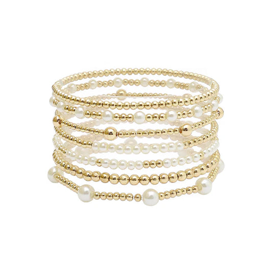 Gold Ball Bead & Mixed Pearl Bracelet Set