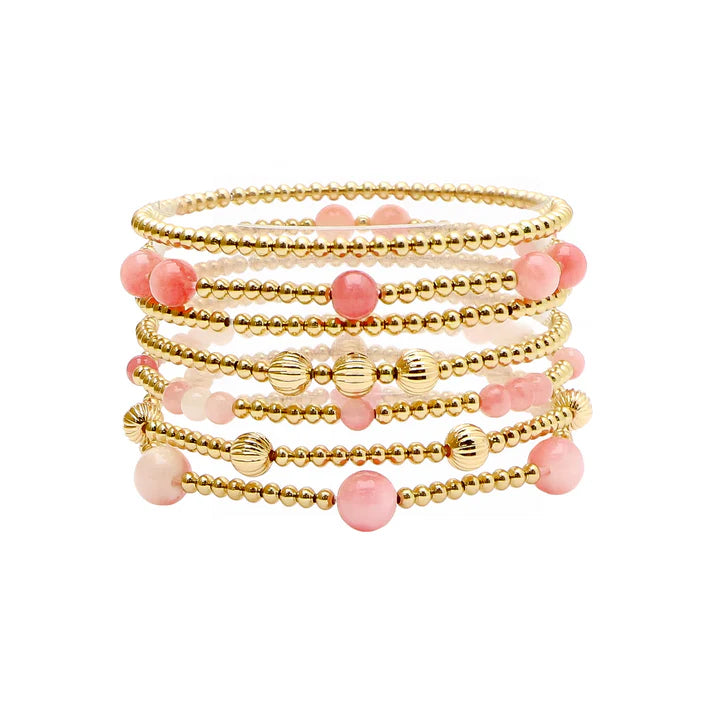 Pink Stone & Gold Ball Bead Bracelet Set