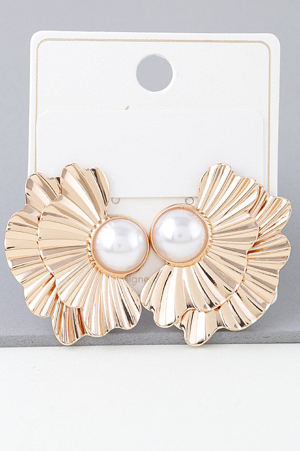 Gold Pearl Flower Petal Sheild Earring