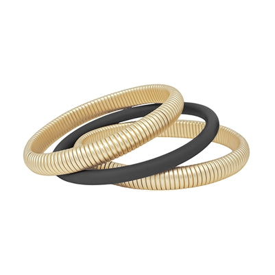 Gold Ribbed Textured And Black Rubber Coated Bracelet Set