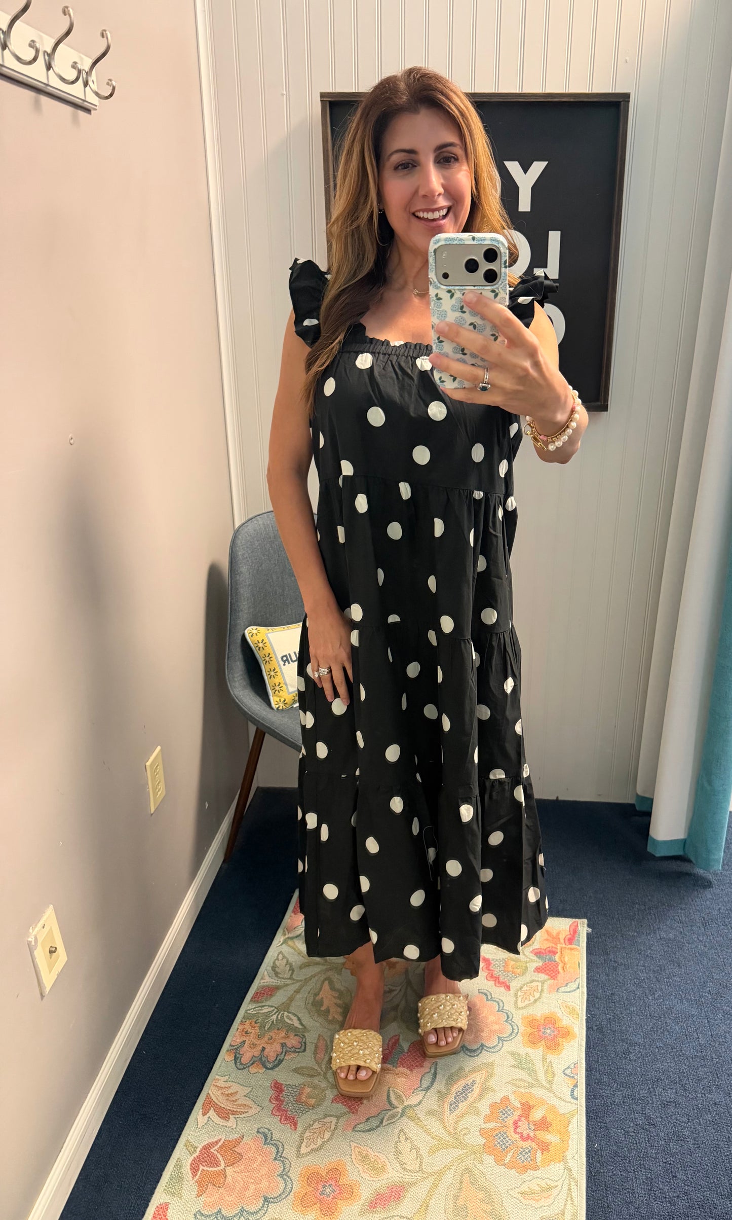Polka Dot Wide Flutter Strap Tiered Midi Dress-Blk