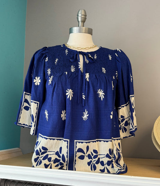 Border Floral Print Smocked Yoke 3/4 Sleeve Top-Royal