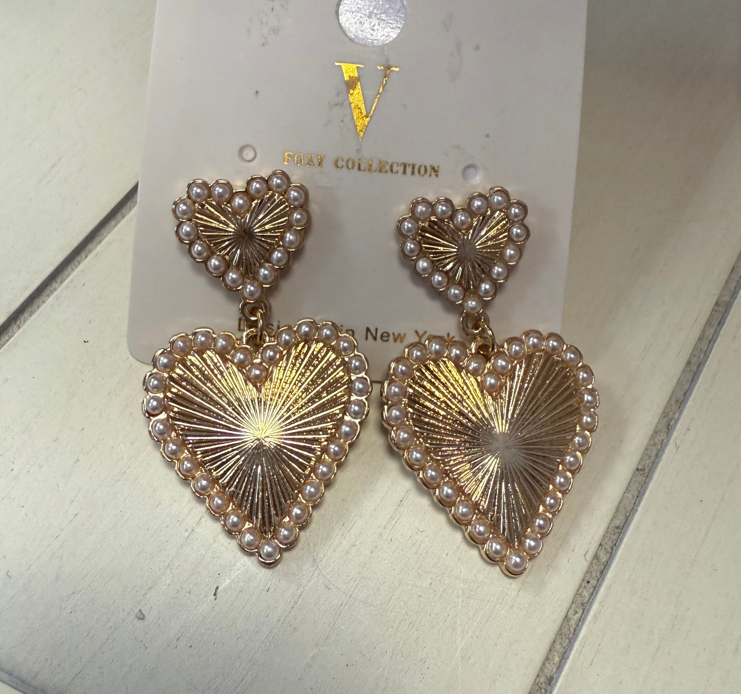 Textured Double Heart Pearl Outline Drop Earring