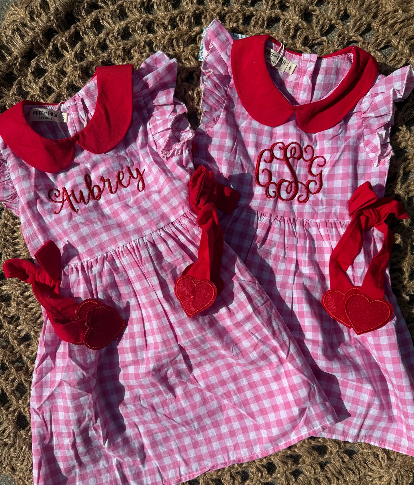 Valentine Pink Plaid Girls Dress with Red Hearts & Bows