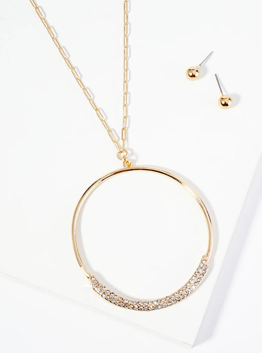 Gold Circle Pave Chain Long Necklace