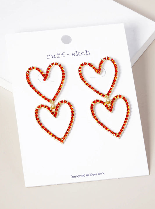 Crystal Pave Double Heart Drop Earrings-Red