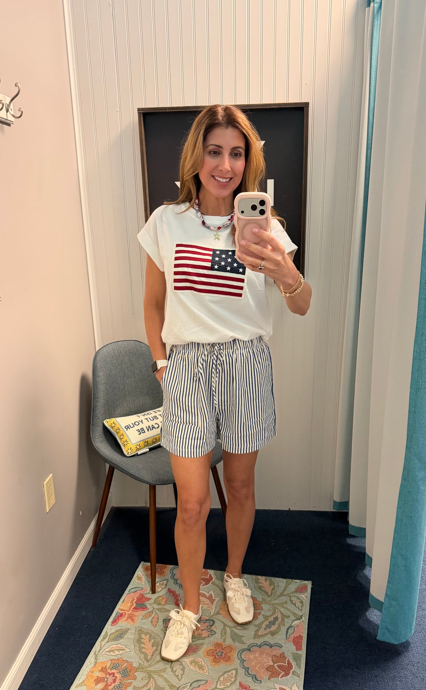 Striped Paper Bag Patch Pocket Shorts-Navy
