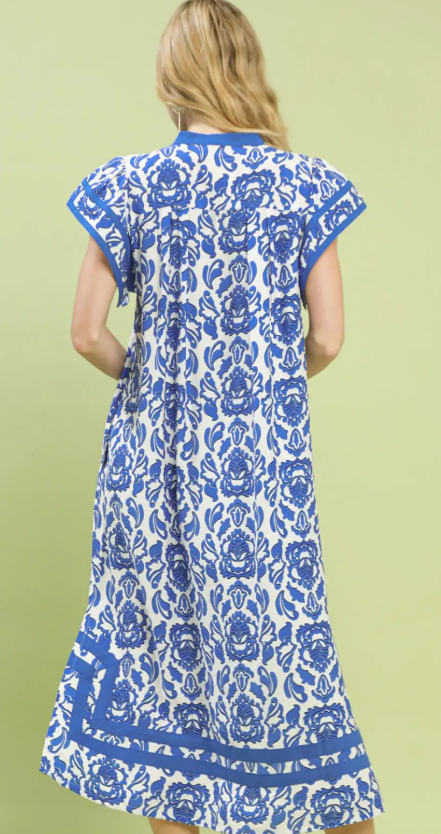 Damask Split Neck Flutter Sleeve Midi Dress-Blue
