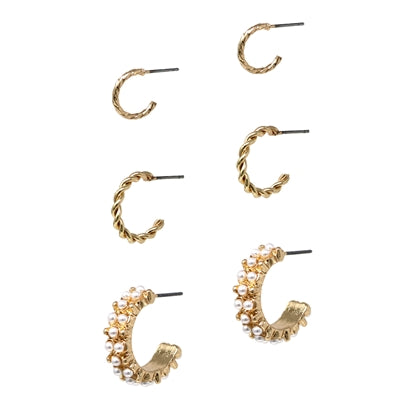 Set of 3 Gold Textured Pearl Hoop Earrings
