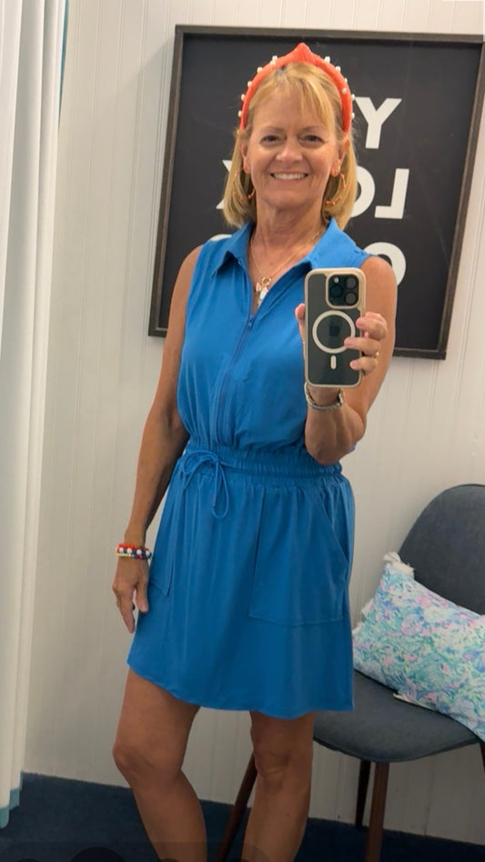 Solid Sleeveless Collared Zip Patch Pocket Dress-Ocean