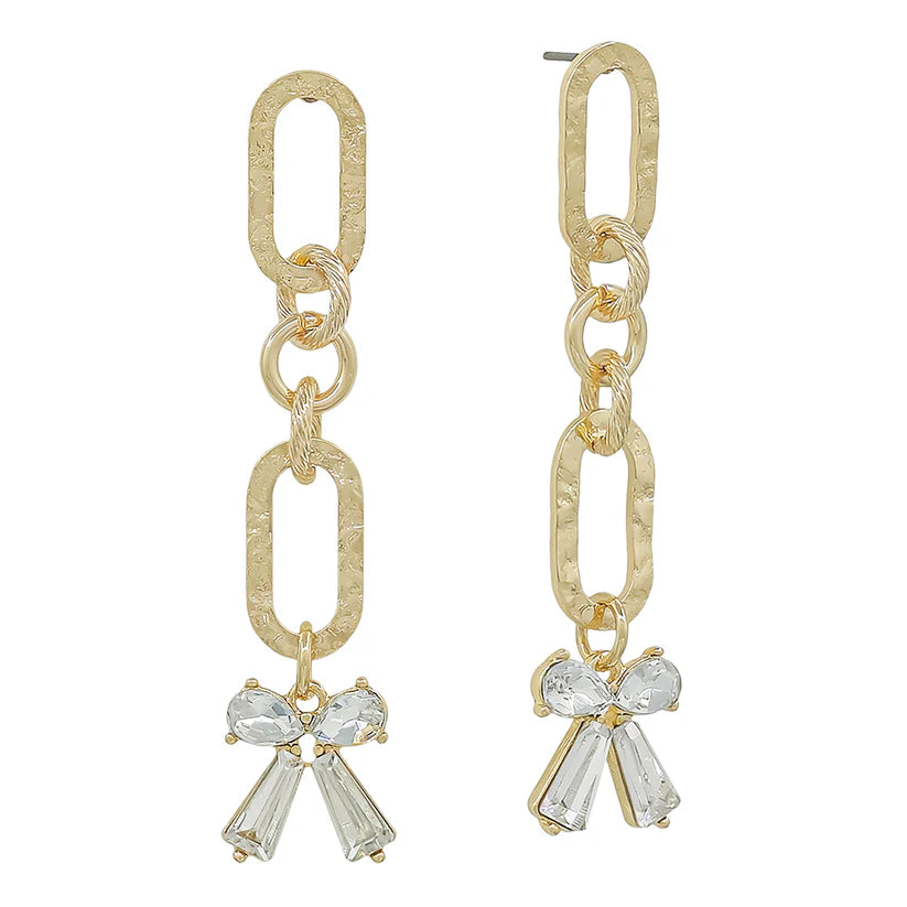 Open Oval Rhinestone Bow Link Earring-Gold