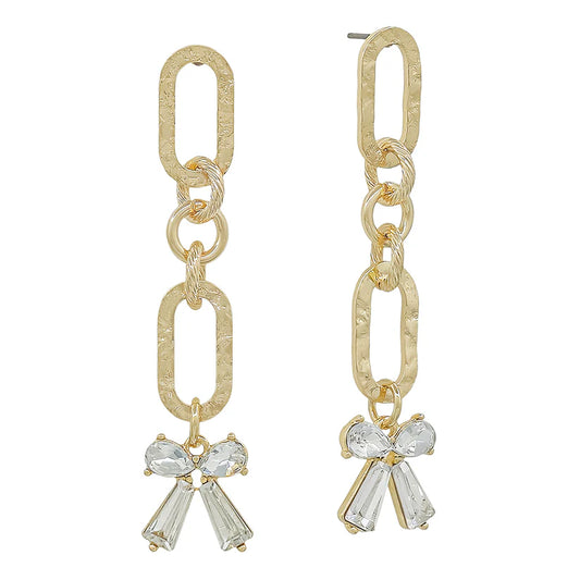 Open Oval Rhinestone Bow Link Earring-Gold