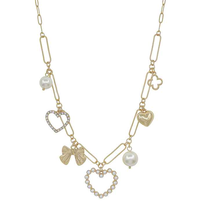 Pearl, Heart and Bow Charm Paperclip Necklace-Gold