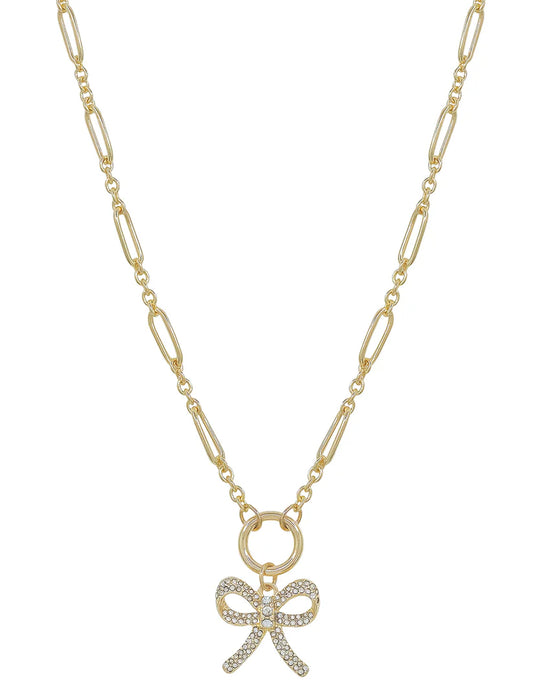 Rhinestone Bow Charm Chain Necklace-Gold