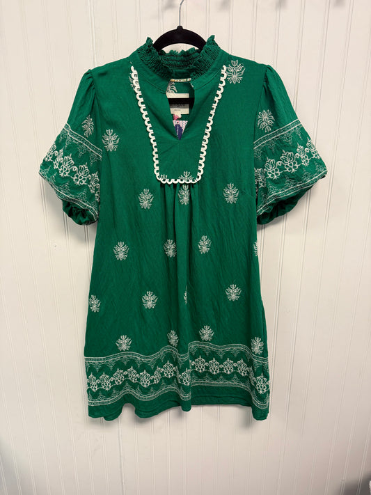 V-Neck Embroidered Puff Sleeve Dress- Green