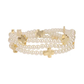 Pearl & Tiny Cross Bracelet Set