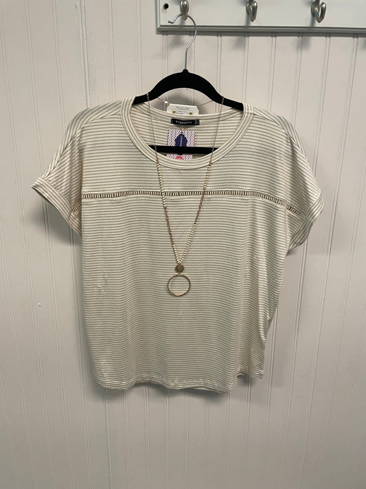 V-Neck Short Sleeve Pinstriped Top - Taupe