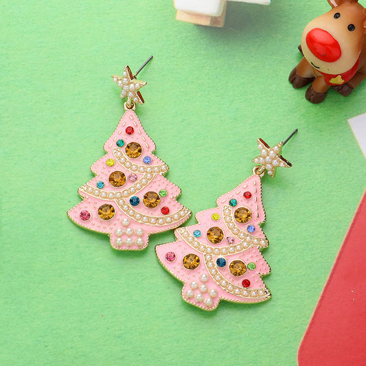 Pearl Star Enamel Christmas Tree Earring - Pink