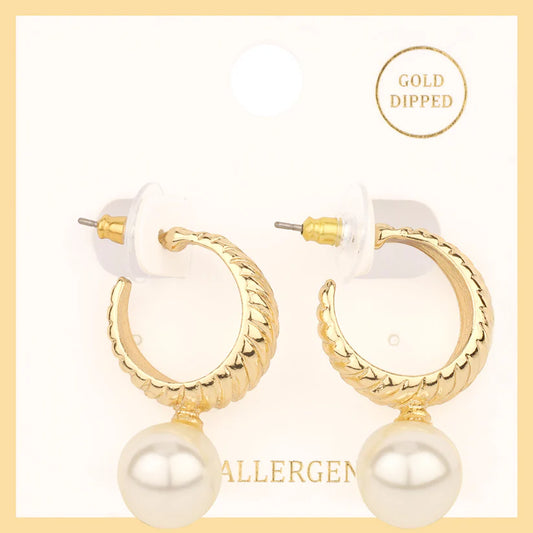 Textured Gold Hoop w/Pearl Drop Earring
